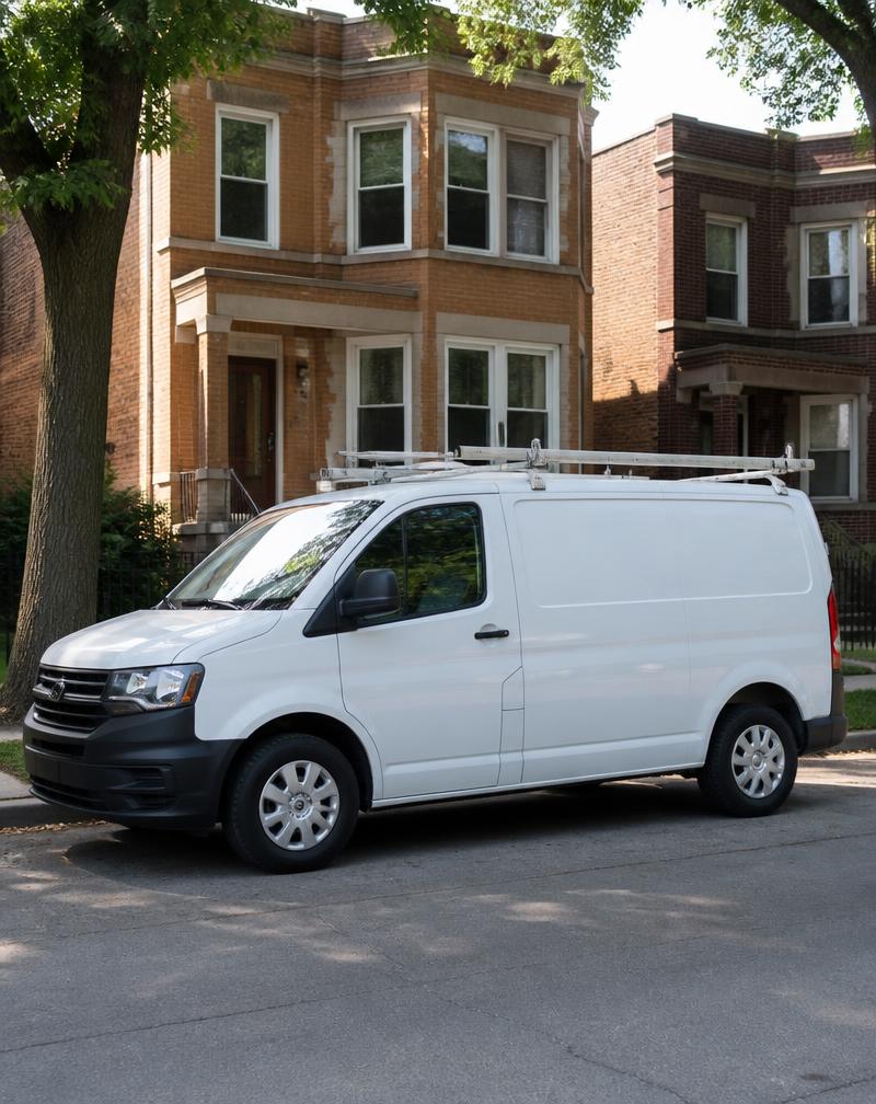 Plumbing service van parked on a residential Chicago street